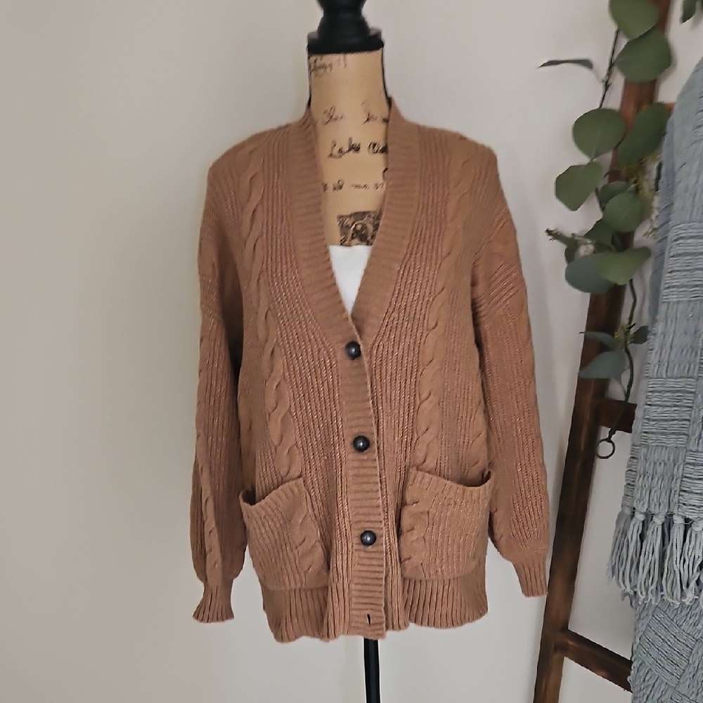 American Eagle Tan Cable Knit Cardigan Sweater